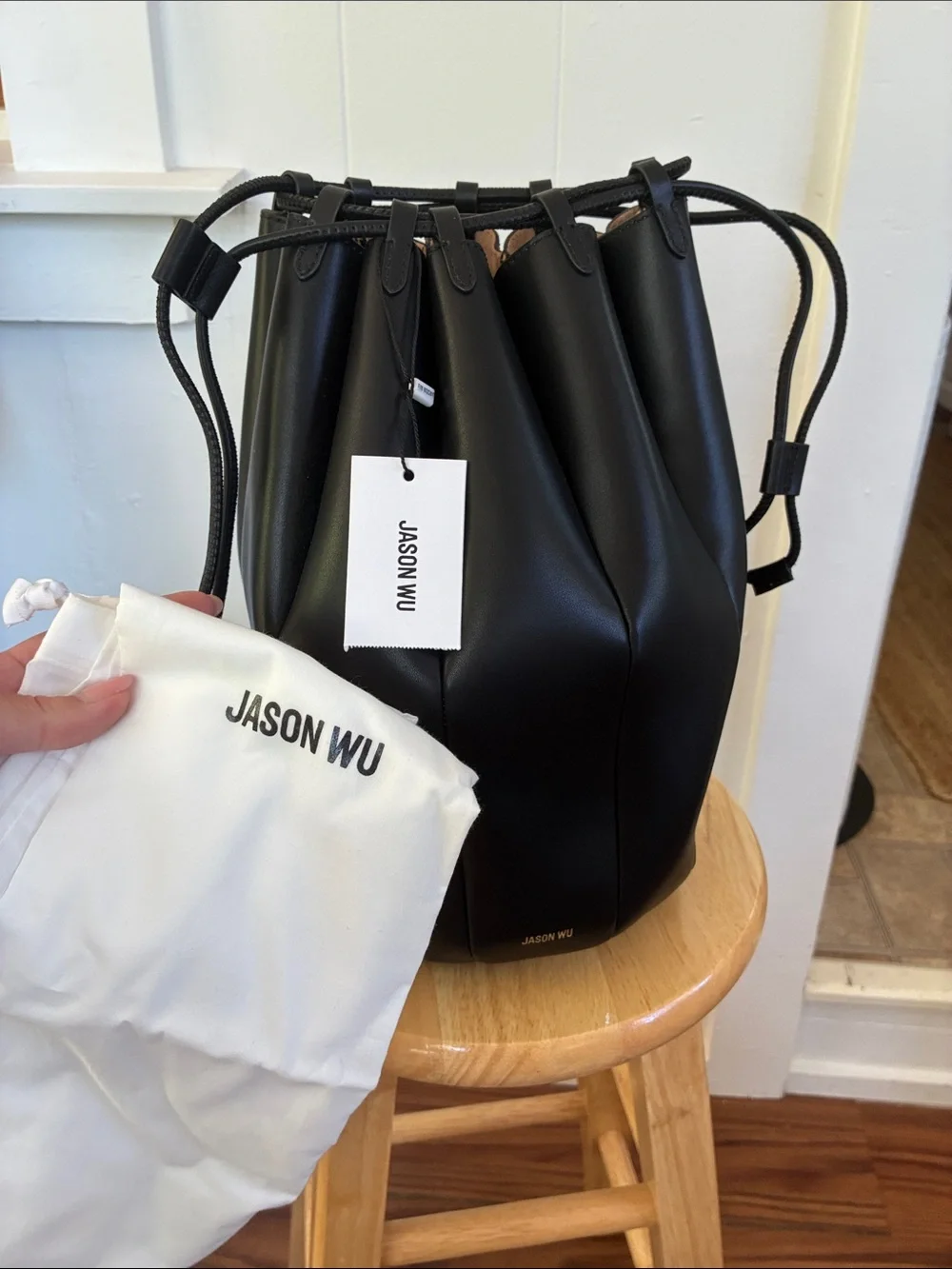 Jason Wu Black Leather Pleated Drawstring Bucket Bag